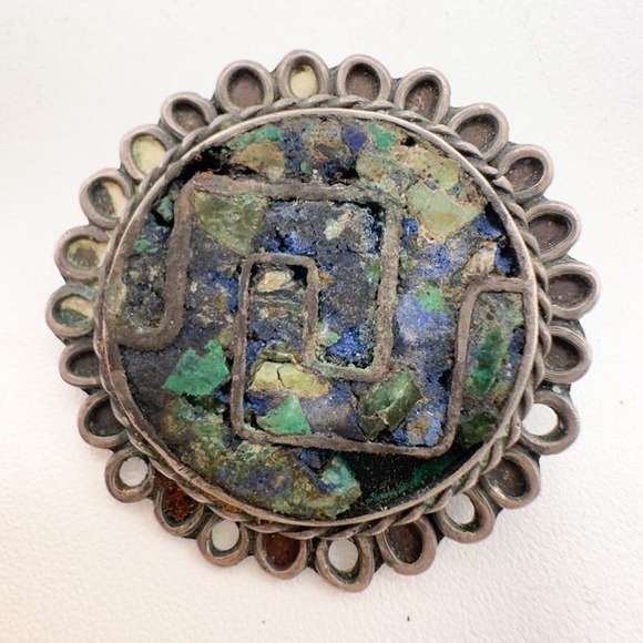 Vintage Taxco EVM Sterling Silver Brooch Pendant Crushed Turquoise Inlay c 1940s - Picture 11 of 13